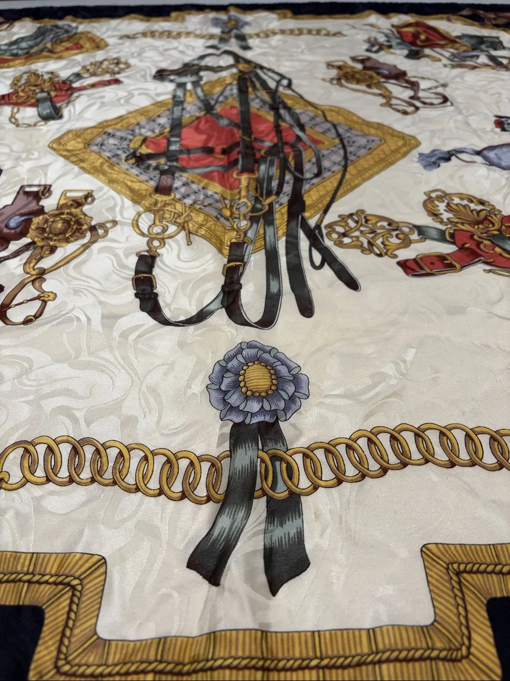 Elegant Equestrian Printed Silk Scarf - Black, Cream, green & Red.